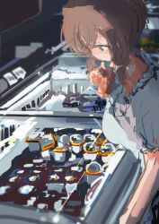  1girl absurdres breasts brown_eyes brown_hair cevio closed_eyes commentary_request dress film_grain freezer from_side hand_up highres ice_cream_cup indoors kabuyama_kaigi large_breasts looking_at_food looking_down profile satou_sasara short_sleeves solo thinking underlighting upper_body white_dress  rating:General score:1 user:danbooru
