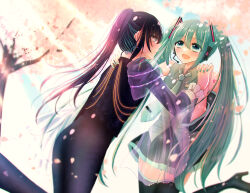  2girls ado_(utaite) aqua_hair aqua_nails aqua_necktie black_footwear black_hair black_pants black_skirt black_vest blue_eyes blush boots chando_(ado) cherry_blossoms cloud_nine_inc commentary_request crying crying_with_eyes_open detached_sleeves dutch_angle falling_petals grey_shirt hair_between_eyes hatsune_miku highres holding_hands interlocked_fingers long_hair long_sleeves mole mole_under_eye multicolored_hair multiple_girls nail_polish nape necktie open_mouth pants parted_lips petals pleated_skirt ponytail see-through see-through_sleeves shinzou_(ado) shirt shoko_(gs_music11) skirt sleeveless sleeveless_shirt standing standing_on_one_leg streaked_hair tears thigh_boots thighhighs twintails utaite very_long_hair vest vocaloid yuri zettai_ryouiki 
