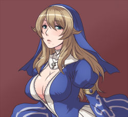  10s 1girl armband blonde_hair blue_eyes breasts brown_background cleavage cross female_focus habit large_breasts long_hair looking_at_viewer mole nun open_mouth queen&#039;s_blade queen&#039;s_blade_rebellion sigui_(queen&#039;s_blade) solo teru_suzu upper_body  rating:Sensitive score:31 user:876yg