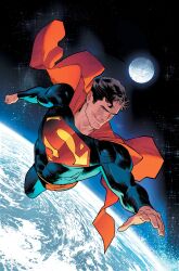  1boy absurdres black_hair blue_bodysuit blue_eyes bodysuit cape clark_kent clenched_hand closed_mouth commentary dan_mora dc_comics earth_(planet) english_commentary flying hand_up highres long_sleeves looking_to_the_side moon muscular muscular_male planet red_cape short_hair sky smile solo space star_(sky) starry_sky superhero_costume superman superman_(series) superman_logo very_short_hair 
