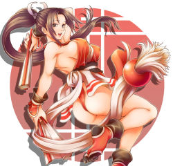 1girl ass bare_shoulders breasts brown_eyes brown_hair folded_fan dual_wielding covered_erect_nipples hand_fan fatal_fury female_focus fingerless_gloves folding_fan gloves holding japanese_clothes large_breasts legs leotard long_hair open_mouth panties ponytail red_leotard shiranui_mai sideboob snk solo the_king_of_fighters thighs thong thong_leotard toshi underwear rating:Sensitive score:59 user:danbooru