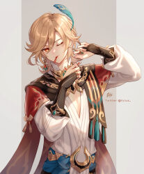  1boy armor blonde_hair cape closed_mouth earrings feather_hair_ornament feathers fylus genshin_impact hair_between_eyes hair_ornament highres jewelry kaveh_(genshin_impact) long_hair long_sleeves male_focus mouth_hold one_eye_closed orange_eyes red_cape shirt smile solo white_shirt 