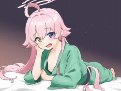 1girl ahoge barefoot blue_archive blue_eyes breasts collarbone fang flipped_hair full_body green_kimono hair_between_eyes halo hand_up head_on_hand head_rest heterochromia hoshino_(blue_archive) japanese_clothes kimono light_blush long_hair long_sleeves looking_at_viewer lying nipple_slip nipples on_bed on_stomach open_mouth pink_hair pink_halo small_breasts solo soonanoka9 yellow_eyes 