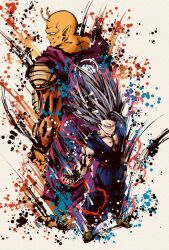  2boys back-to-back clenched_hand colored_skin derivative_work dougi dragon_ball dragon_ball_heroes dragon_ball_super dragon_ball_super_super_hero electricity gohan_beast grey_hair highres ink_wash_painting long_hair multiple_boys muscular muscular_male namekian orange_piccolo orange_skin pants piccolo pointy_ears purple_pants purple_shirt red_eyes red_sailor_collar sailor_collar shirt smirk son_gohan spiked_hair spmjg7 white_background  rating:General score:3 user:danbooru
