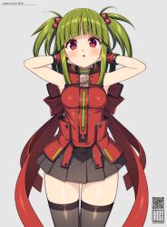  1girl beatmania beatmania_iidx black_skirt black_thighhighs blunt_bangs blush breasts commentary_request copyright_name cowboy_shot expressionless food-themed_hair_ornament green_hair grey_background hair_ornament hands_in_hair highres hishimiya_tsugaru kinoshita_ichi long_hair looking_at_viewer medium_bangs medium_breasts miniskirt open_mouth pleated_skirt qr_code red_eyes red_shirt shirt sidelocks simple_background skirt sleeveless sleeveless_shirt solo strawberry_hair_ornament thighhighs two_side_up 