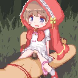  1boy 1girl animated animated_gif blue_eyes blush bound brown_hair censored cowgirl_position cum cum_in_pussy dress ejaculation grass hetero hinainf hood little_red_riding_hood loli lowres mosaic_censoring nude open_mouth outdoors panties panties_around_leg penis pink_panties pixel_art pussy red_hood sex shoes socks straddling underwear vaginal white_dress  rating:Explicit score:366 user:BaronArgyleSven