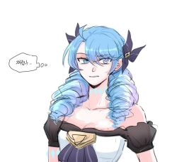1girl ahoge bare_shoulders black_bow black_dress blue_eyes blue_hair bow breasts cleavage dress gwen_(league_of_legends) hair_bow large_breasts league_of_legends long_hair looking_at_viewer solo teeth thought_bubble upper_body white_dress xayahsona_27 rating:Sensitive score:3 user:danbooru
