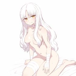 1girl bandaged_arm bandaged_leg bandaged_neck bandages blush breasts caren_hortensia chan_co closed_mouth commentary completely_nude fate/hollow_ataraxia fate_(series) fingernails hair_censor long_hair looking_at_viewer medium_breasts navel nude simple_background sitting solo sweat sweatdrop wariza white_background white_hair yellow_eyes rating:Questionable score:26 user:danbooru