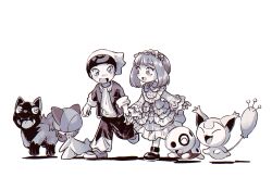 1boy 1girl aaron_(pokemon) baggy_pants bandaid bandaid_on_face bandaid_on_nose beanie brendan_(pokemon) creatures_(company) dress fangs frilled_dress frilled_sleeves frills funabara_(sksn_herb) game_freak gen_3_pokemon hat highres holding_hands jacket may_(pokemon) nintendo open_clothes open_jacket open_mouth pants pokemon pokemon_(creature) pokemon_adventures poochyena ralts simple_background skitty smile white_background