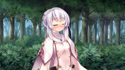  1girl atelier-moo belt blush braid braided_bun breasts capelet closed_mouth embarrassed forest hair_between_eyes hair_bun highres jewelry long_sideburns long_sleeves looking_at_viewer lutie nature necklace our_battle_has_just_begun! sideburns solo standing upper_body white_capelet white_hair 