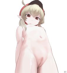  1girl absurdres blonde_hair cleft_of_venus closed_mouth female_focus flat_chest from_below genshin_impact hair_between_eyes highres klee_(genshin_impact) loli looking_at_viewer navel nipples nude pointy_ears preamy_kyuushi pussy red_eyes red_headwear simple_background solo standing white_background  rating:Explicit score:236 user:danbooru