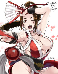1girl :d arm_guards armpits bare_shoulders breasts brown_eyes brown_hair butcha-u cleavage commentary_request fatal_fury female_focus folded_fan folding_fan hand_fan high_ponytail highres large_breasts long_hair looking_at_viewer matching_hair/eyes midriff_peek ninja nintendo no_bra obi one_eye_closed open_mouth pelvic_curtain ponytail revealing_clothes revision rope sash shiranui_mai smash_is_for_good_boys_and_girls smile snk solo super_smash_bros. the_king_of_fighters thighs translated