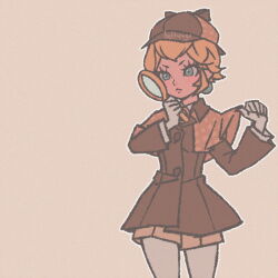  1girl bellhenge blonde_hair blue_eyes blurry blurry_background brooch brown_coat coat detective_peach earrings gloves hand_on_own_chin hat holding holding_magnifying_glass indoors jacket jewelry magnifying_glass mario_(series) nintendo official_alternate_costume official_alternate_hairstyle princess_peach princess_peach:_showtime! short_hair solo sphere_earrings white_gloves 