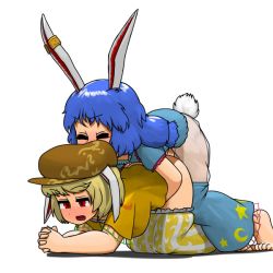  2girls all_fours animal_ears animated ass blue_hair blush breasts clothed_sex clothes cum cum_in_pussy doggystyle ejaculation futa_with_female futanari grabbing grabbing_from_behind hat hug hug_from_behind long_ears medium_breasts medium_hair multiple_girls ninniku_(ninnniku105) open_clothes open_mouth penis pointy_ears rabbit_ears rabbit_tail red_eyes ringo_(touhou) seiran_(touhou) sex sex_from_behind simple_background tail touhou twintails white_background  rating:Explicit score:281 user:SlayDash