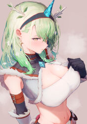  1girl absurdres alternate_costume antlers black_gloves breasts ceres_fauna cleavage crop_top earrings fake_horns fur_trim getto gloves green_hair highres hololive hololive_english horns jewelry kirin_(armor) large_breasts leaf long_hair looking_at_viewer mole mole_under_eye monster_hunter_(series) navel parted_lips single_horn solo stomach virtual_youtuber yellow_eyes 