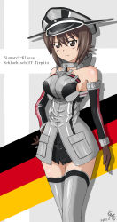  10s 1girl absurdres blush breasts brown_eyes brown_hair cosplay dated german_flag girls_und_panzer hat highres kantai_collection large_breasts military military_uniform nandemo_kanden nishizumi_maho short_hair signature skirt solo thighhighs tirpitz_(kancolle) uniform 