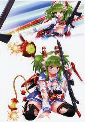  1girl absurdres angry apple ass beatmania beatmania_iidx bell black_thighhighs blunt_bangs bomb bombergirl breasts cleavage crying crying_with_eyes_open explosive food fruit full_body goli_matsumoto green_hair gun hair_ornament highres hishimiya_tsugaru long_hair navel official_art open_mouth red_eyes school_uniform serafuku skirt small_breasts solo tears teeth thighhighs torn_clothes torn_thighhighs two_side_up underboob upper_teeth_only weapon 