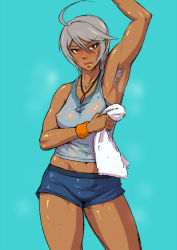  10s 1girl ahoge arm_up armpit_hair armpits dark-skinned_female dark_skin female_focus grey_hair jewelry looking_at_viewer mikoyan navel necklace red_eyes see-through short_shorts shorts smell solo standing steam sweat sweat_stain towel uchuu_senkan_yamato uchuu_senkan_yamato_2199 yamamoto_akira  rating:Questionable score:89 user:yamamama