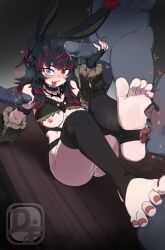 1girl 3boys animal_ears arm_support artist_logo black_gloves black_hair black_thighhighs blue_eyes blush breasts colored_skin commentary commission difman english_commentary feet feet_up fingerless_gloves foot_focus foreshortening fur_trim gloved_handjob gloves group_sex handjob heart heterochromia highres jewelry large_breasts leaning_back legs licking licking_foot long_hair multicolored_hair multiple_boys nail_polish necklace nipples no_shoes original out_of_frame penis pink_nails precum pussy_juice rabbit_ears rabbit_girl red_eyes red_hair soles solo_focus stirrup_legwear streaked_hair sweatdrop thighhighs thighs toeless_legwear toenail_polish toenails toes tongue tongue_out twitching_penis rating:Explicit score:48 user:danbooru