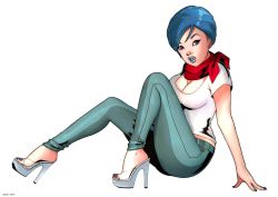  10s 1girl arm_support artist_name blue_hair blue_lips blue_lips blue_nails blue_toenails breasts bulma cleavage denim dragon_ball dragon_ball_super feet high_heels jeans large_breasts legs looking_at_viewer medium_breasts moz-art nail_polish open_mouth pants piercing platform_footwear simple_background solo tongue_piercing tongue_ring white_background  rating:Sensitive score:22 user:doaemperor