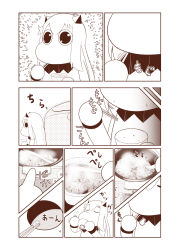  1girl bowl chopsticks closed_eyes collar comic commentary_request eating food food_on_face hair_between_eyes highres holding holding_bowl holding_chopsticks horns kantai_collection long_hair looking_back mittens monochrome moomin muppo open_mouth rice rice_bowl rice_cooker rice_on_face sazanami_konami solo sparkling_eyes steam translation_request wide-eyed 