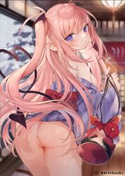 1girl anus ass autoarousal blurry blurry_background breasts cleft_of_venus clothes_lift demon_girl demon_tail from_behind highres indoors japanese_clothes kedama_milk kimono kimono_lift kimono_pull long_sleeves nipples original pink_hair purple_eyes pussy pussy_juice sakyumama_(kedama_milk) small_breasts solo striped_clothes striped_kimono tail two_side_up uncensored vertical-striped_clothes vertical-striped_kimono rating:Explicit score:133 user:danbooru