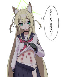  1girl absurdres animal_ear_fluff animal_ears arm_at_side black_sailor_collar black_skirt blonde_hair blue_archive blush bruise bruise_on_stomach clothes_lift commentary_request cowboy_shot fang fox_ears furrowed_brow halo highres injury kurumi_(blue_archive) long_hair long_sleeves looking_at_viewer mei_mu navel neckerchief open_clothes open_mouth open_skirt panties pleated_skirt red_neckerchief sailor_collar school_uniform serafuku shirt shirt_lift simple_background skin_fang skirt solo standing sweat thought_bubble translation_request two_side_up underwear very_long_hair white_background white_panties white_shirt 