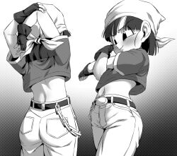  1girl arms_behind_head arms_up ass bandana belt belt_buckle blush buckle chain closed_mouth cropped_shirt dragon_ball dragon_ball_gt from_behind greyscale midriff monochrome multiple_views navel pan_(dragon_ball) pants rom_(20) smile standing  rating:Sensitive score:103 user:danbooru