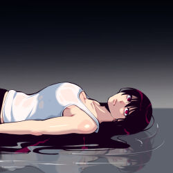  1girl breasts butter_sugoi cleavage from_side frown gradient_background highres large_breasts lips long_bangs long_hair looking_at_viewer lying on_back original red_eyes red_hair reflection reflective_water ringed_eyes ripples solo tank_top upper_body very_long_hair wet wet_clothes white_tank_top  rating:Sensitive score:13 user:danbooru