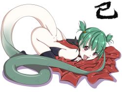  1girl ass bent_over blush demon_girl fangs green_hair loli looking_at_viewer monster_girl open_mouth original red_eyes short_twintails slit_pupils tail twintails vampire yozora  rating:Explicit score:18 user:pedal_patrol
