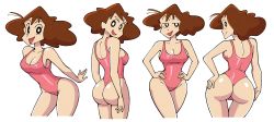  1girl ass black_eyes breasts brown_hair cleavage collage commentary crayon_shin-chan cropped_legs english_commentary hands_on_own_hips highres leotard mature_female medium_breasts multiple_views nohara_misae pink_leotard stealth_brock thigh_gap thong_leotard  rating:Questionable score:153 user:danbooru