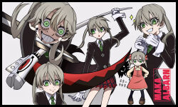  1girl 1other black_blood blade_to_throat blonde_hair blood cardigan character_name child collared_shirt crazy_eyes crazy_smile crona_(soul_eater) crying dress gloves green_eyes green_necktie hair_ribbon hasda highres holding holding_scythe holding_weapon maka_albarn necktie red_dress ribbon scythe shadow shirt smile soul_eater sword tally_counter twintails weapon white_gloves white_shirt 