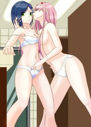  10s 2girls bad_id bad_pixiv_id blue_hair bonephysics bow bow_panties bra breasts darling_in_the_franxx female_focus green_eyes hairband highres horns ichigo_(darling_in_the_franxx) long_hair medium_breasts multiple_girls panties pink_hair short_hair tagme topless underwear underwear_only white_bra white_hairband white_panties yuri zero_two_(darling_in_the_franxx) 