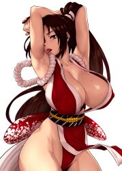  1girl absurdres arms_behind_head artist_request bare_legs breasts brown_eyes brown_hair cleavage collarbone curvy fatal_fury female_focus high_ponytail highres large_breasts leotard leotard_under_clothes long_hair looking_at_viewer matching_hair/eyes open_mouth ponytail revealing_clothes shiranui_mai sidelocks simple_background snk solo source_request sweat the_king_of_fighters thighs tongue tongue_out white_background wide_hips  rating:Sensitive score:33 user:Groveman