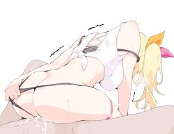  1boy 1girl ass back bare_shoulders black_panties blonde_hair blush breasts clothed_sex clothing_aside commentary_request cum cum_in_pussy cum_overflow from_side girl_on_top hetero hoshikawa_sara hoshikawa_sara_(1st_costume) large_breasts long_hair ohako orange_ribbon panties panties_aside panty_pull pink_ribbon ponytail pulled_by_self reverse_cowgirl_position ribbon sex sex_from_behind shirt side_ponytail simple_background straddling strap_slip sweat tank_top tied_shirt trembling two-tone_ribbon underwear virtual_youtuber white_background white_tank_top 
