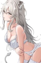  1girl animal_ear_piercing animal_ears bare_shoulders bra breasts c1p122 cleavage closed_mouth collarbone commentary from_side grey_eyes grey_hair gun hair_between_eyes highres holding_own_arm hololive holster jewelry lace lace-trimmed_bra lace-trimmed_panties lace_trim large_breasts leaning_forward lion_ears lion_girl lion_tail long_hair looking_at_viewer necklace panties shishiro_botan simple_background solo symbol-only_commentary tail thigh_holster underwear underwear_only virtual_youtuber weapon white_background white_bra white_panties 
