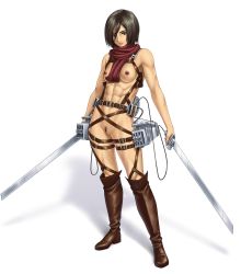  1girl abs black_eyes black_hair breasts cleft_of_venus dual_wielding female_pubic_hair functionally_nude holding irotsuya looking_at_viewer medium_breasts mikasa_ackerman muscular naked_scarf nipples nude pubic_hair pussy scarf shingeki_no_kyojin short_hair solo standing sword thigh_strap three-dimensional_maneuver_gear uncensored weapon  rating:Explicit score:137 user:spiderfan