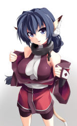  1girl animal_ears aquaplus bare_shoulders blue_eyes blue_hair blush braid breasts chain cleavage clothes_grab clothes_pull collar from_above gauntlets grune hair_between_eyes head_tilt highres japanese_clothes karulau kimono large_breasts long_hair long_sleeves looking_at_viewer off_shoulder open_clothes parted_lips raised_eyebrows sash shorts sideboob sidelocks single_braid sleeveless solo standing tail thighs utawarerumono very_long_hair white_sash wide_sleeves 
