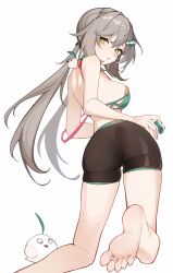  1girl alternate_costume ass back bike_shorts bird breasts foot_out_of_frame from_behind green_eyes grey_hair hair_ornament hairclip highres holding holding_mahjong_tile honkai:_star_rail honkai_(series) inniyik kneeling long_hair looking_at_viewer looking_back low_twintails mahjong mahjong_tile medium_breasts open_mouth qingque_(honkai:_star_rail) sidelocks simple_background single_off_shoulder soles solo twintails white_background 