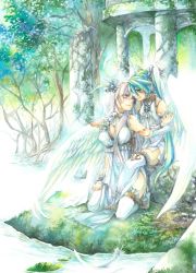 2girls angel_wings aqua_hair asaoka bad_id bad_pixiv_id commentary_request eye_contact feathers hatsune_miku highres leg_lock long_hair looking_at_another looking_back megurine_luka multiple_girls nature pink_hair revision ruins thighhighs twintails vocaloid wings yuri zettai_ryouiki rating:Sensitive score:10 user:danbooru