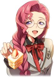  1girl arm_at_side artist_request blue_eyes bowtie braid breasts buttons cake cake_slice code_geass code_geass:_lost_stories cropped_torso double-breasted euphemia_li_britannia female_focus food forehead fork fruit game_cg glasses grey_jacket hair_over_shoulder half-closed_eyes hand_up happy holding holding_food holding_fork jacket long_hair long_sleeves looking_at_viewer non-web_source official_art open_mouth pink_hair plaid_bow plaid_bowtie red_bow red_bowtie round_eyewear school_uniform sidelocks simple_background single_braid small_breasts smile solo strawberry strawberry_shortcake transparent_background upper_body white-framed_eyewear 
