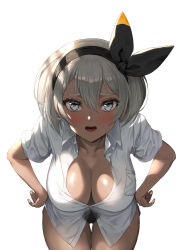 1girl absurdres alternate_breast_size bea_(pokemon) black_hairband black_panties blush breasts cleavage collarbone collared_shirt cowboy_shot creatures_(company) dark-skinned_female dark_skin downblouse extended_downblouse game_freak greem_bang grey_eyes grey_hair hair_between_eyes hairband hands_on_own_hips highres large_breasts leaning_forward looking_at_viewer navel nintendo open_mouth panties partially_unbuttoned pokemon pokemon_swsh shirt short_hair short_sleeves simple_background solo underwear white_background white_shirt rating:Sensitive score:123 user:danbooru