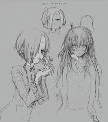  2girls :3 bags_under_eyes barbell_piercing bead_necklace beads biting_own_lip blush carrying carrying_person chibi collared_dress completely_nude cropped_shoulders cropped_torso cupping_hands dress ear_chain ear_piercing earclip english_text greyscale growing_out_of_body hair_over_one_eye half-closed_eyes hands_up highres holding holding_knife hoshi_syoko idolmaster idolmaster_cinderella_girls in_palm industrial_piercing jewelry knife long_bangs long_hair long_sleeves looking_at_viewer messy_hair mini_person minigirl monochrome multiple_girls multiple_views mushroom_on_head narrowed_eyes necklace nude on_head one_eye_covered own_hands_together payama person_on_head piercing sharp_teeth shirasaka_koume short_hair sweat tank_top teeth tongue tongue_grab tongue_piercing very_long_hair 