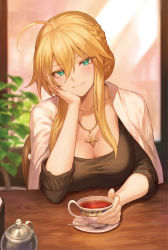  1girl absurdres ahoge alternate_costume artoria_pendragon_(fate) artoria_pendragon_(lancer)_(fate) black_shirt blush braid breasts casual cleavage closed_mouth commentary_request contemporary cup fate/grand_order fate_(series) french_braid green_eyes hair_between_eyes head_rest highres jacket jacket_on_shoulders jewelry large_breasts long_hair looking_at_viewer mashuu_(neko_no_oyashiro) necklace pov_across_table shirt sidelocks sitting smile swept_bangs table tea teacup white_jacket  rating:Sensitive score:69 user:buster2222