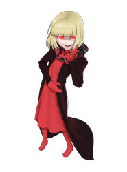  1girl :d absurdres blonde_hair blunt_bangs bob_cut brown_coat coat drag-on_dragoon drag-on_dragoon_1 dress flat_chest full_body gloves glowing glowing_eyes hand_up highres legs_apart long_sleeves looking_at_viewer manah open_clothes open_coat open_mouth puchiman red_dress red_eyes red_gloves red_pupils short_hair simple_background smile solo standing teeth white_background 