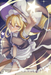  1girl absurdres apron black_skirt black_vest blonde_hair bow braid broom broom_riding closed_mouth hat hat_bow highres kirisame_marisa light_blush long_hair looking_at_viewer short_sleeves side_braid single_braid skirt smile solo star_(symbol) touhou vest wa_layla waist_apron white_apron white_bow witch_hat yellow_eyes 