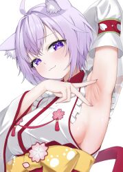  1girl absurdres ahoge ai_(u_e_o_o) animal_ear_fluff animal_ears armpits blush breasts cat_ears closed_mouth cosplay detached_sleeves highres hololive long_sleeves medium_breasts nekomata_okayu pink_nails presenting_armpit purple_eyes purple_hair sakura_miko sakura_miko_(1st_costume) sakura_miko_(cosplay) short_hair sideboob simple_background solo spread_armpit upper_body virtual_youtuber white_background 