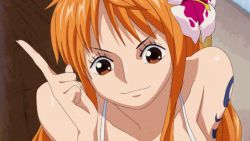  1girl aliasing animated animated_gif bikini bouncing_breasts breasts cleavage female_focus happy large_breasts long_hair lowres nami_(one_piece) one_piece one_piece_special:_episode_0 shiny_skin swimsuit tagme  rating:Sensitive score:47 user:Kyuubi_Killer