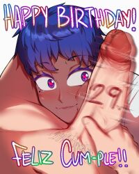  1boy 1girl blush borrowed_character character_age colored_eyelashes dark-skinned_female dark_skin drooling english_text fake_(lord_socar) happy_birthday heart heart-shaped_pupils hetero highres imminent_fellatio interracial looking_at_penis male_pubic_hair mole mole_under_eye original penis penis_awe penis_on_face pov pov_crotch pov_hands precum pubic_hair purple_eyes short_hair simple_background symbol-shaped_pupils tearing_up uncensored veins veiny_penis white_background zoraida_(nyantcha)  rating:Explicit score:39 user:Blackkey
