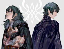  1boy 1girl armor black_armor black_bustier black_cape blue_eyes bustier byleth_(female)_(fire_emblem) byleth_(fire_emblem) byleth_(male)_(fire_emblem) cape commentary_request crest crossed_arms detached_collar dual_persona fire_emblem fire_emblem:_three_houses gauntlets gorget green_hair grey_background hair_behind_ear long_hair looking_to_the_side looking_up nintendo saiga_tokihito sideways_glance upper_body 